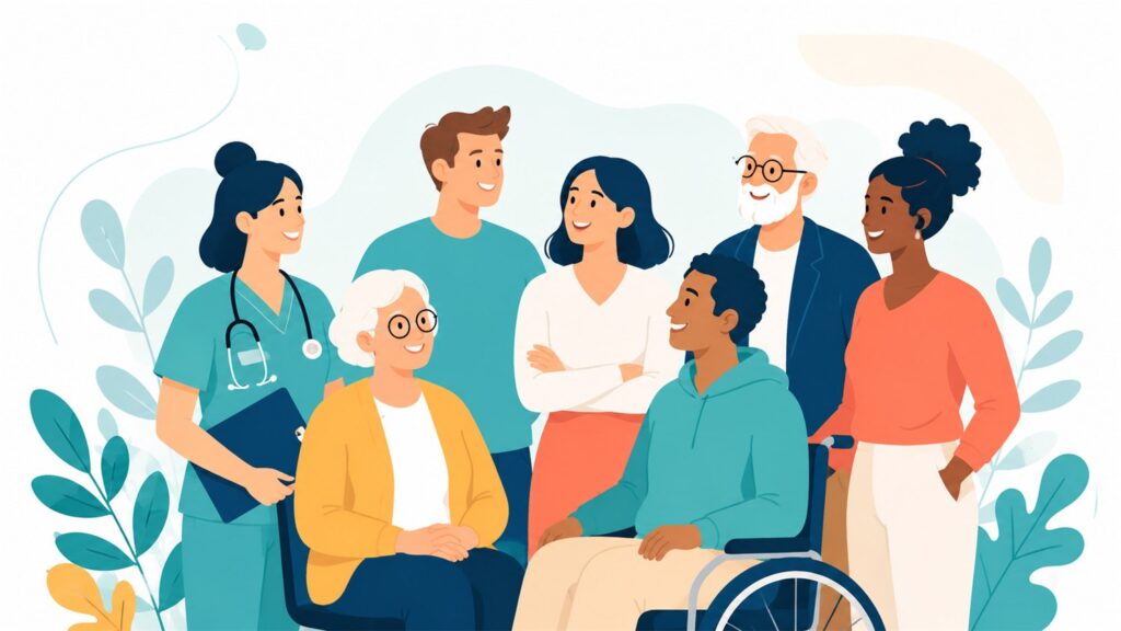 Illustration : un groupe de personnes de différents âges, dont une personne en fauteuil roulant, réunies dans un contexte professionnel.